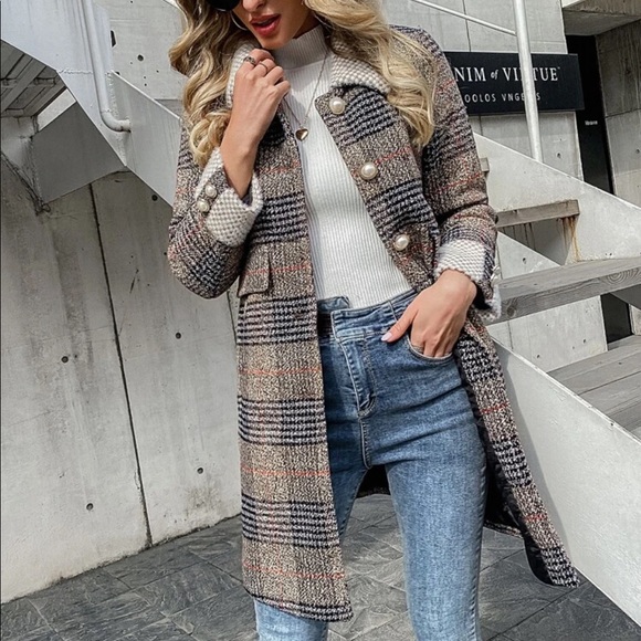 Tweed plaid trench peacoat houndstooth vintage tan - Picture 2 of 14